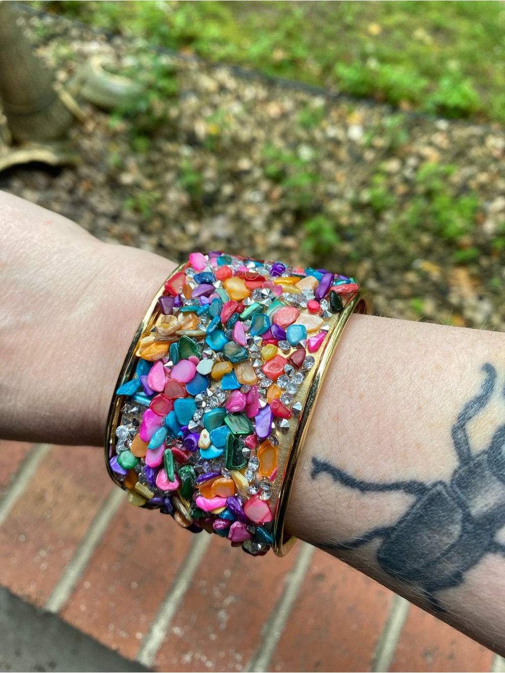Colorful Stone Chip Gold Tone Cuff Bracelet
